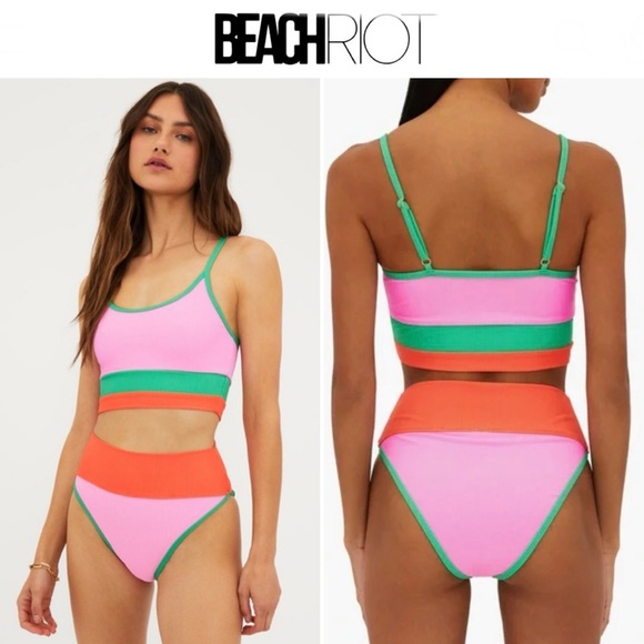 Beach Riot Eva Top Emmy High-Waisted Bottoms Coral Colorblock S SET NWT 98$ - Picture 1 of 10